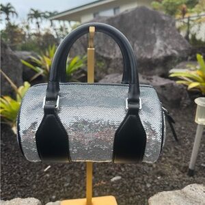 Marc Jacobs Silver Sequin Mini Barrel Satchel Bag w Strap